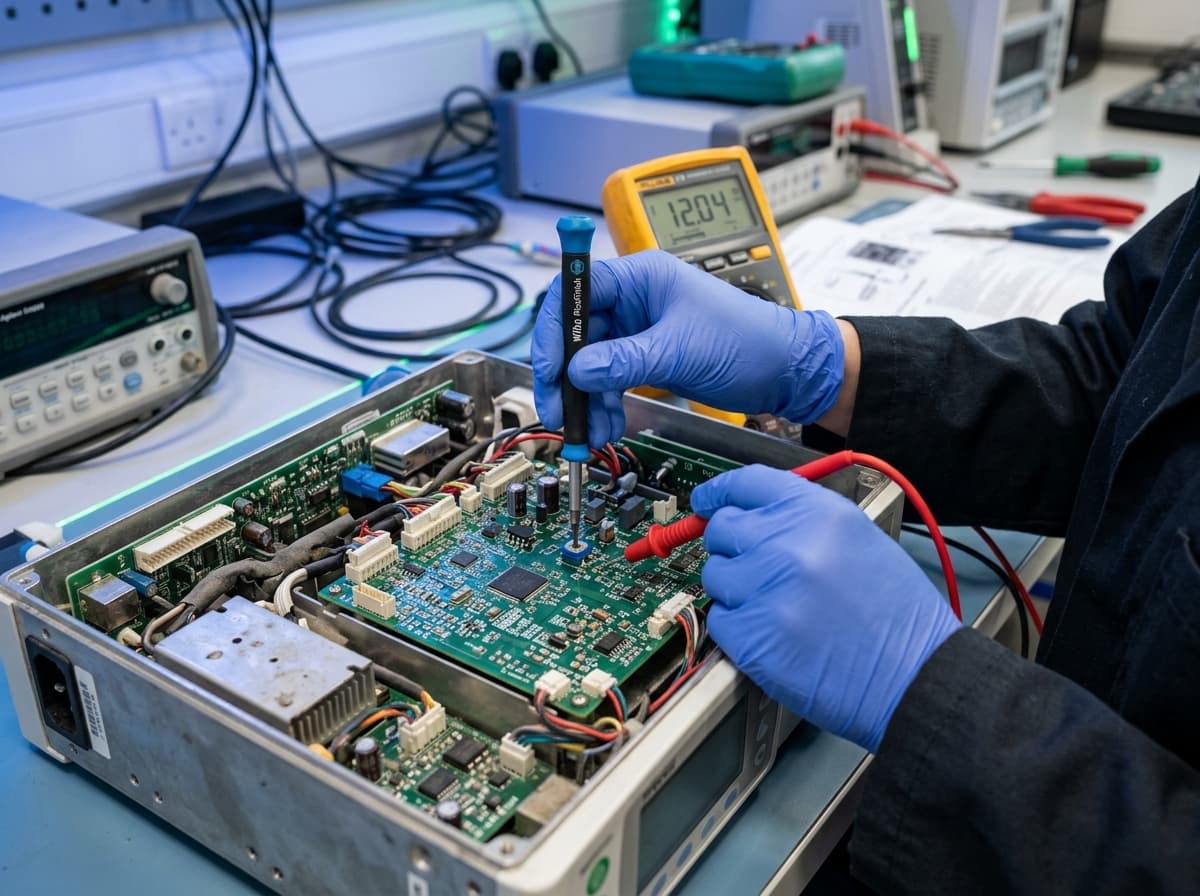 Biomedical technician performing precision component diagnostics and maintenance
