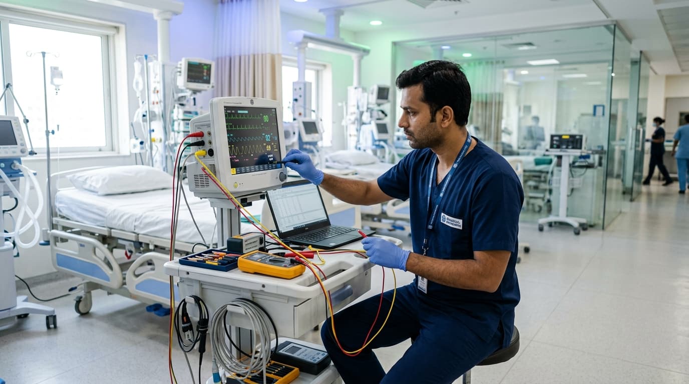 Medifame Biomedical Engineer calibrating patient monitoring equipment in hospital ICU